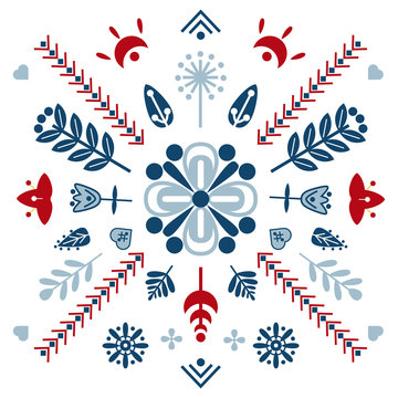 Folk art vector ornament with symbols, hearts, and flowers. Scandinavian design.