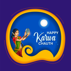illustration of Indian woman performing Hindu married festival Karwa Cahuth looking moon through shieve