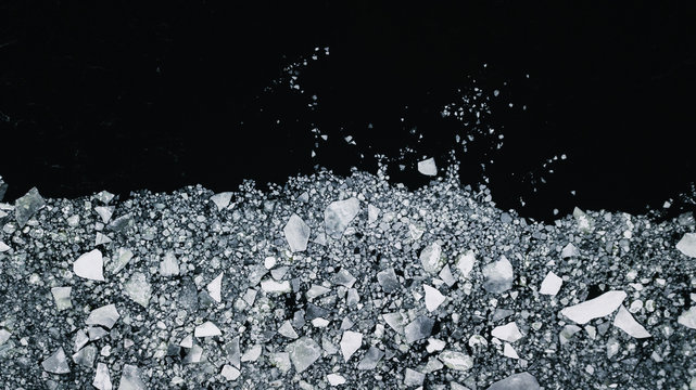 drone view: pieces of ice on the river