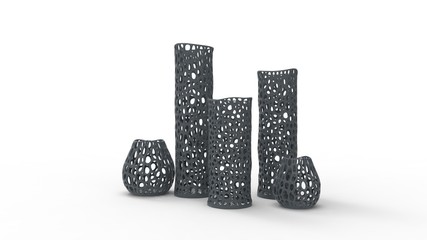 3d rendering of complex shaped vases isolated in white studio background