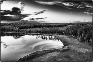 Latvian  nature. View from the top. Kangari lake in forest. Black and white.