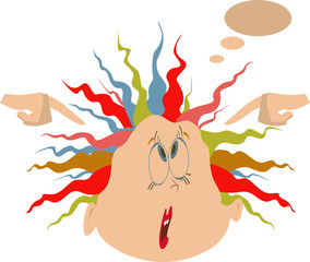 Thinking head and two hands isolated illustration. Funny woman thinks about something and points fingers to the head isolated on white