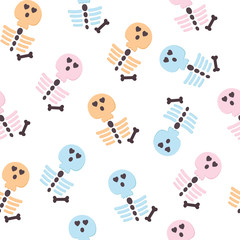 Skeleton Halloween Seamless Pattern. Cute wallpaper, holiday cover, card. Pastel colors scared Cartoon character isolated on white. Symbol of The Day of the Dead, Mexico