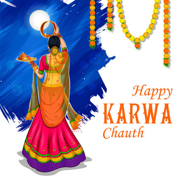 illustration of Indian woman performing Hindu married festival Karwa Cahuth looking moon through shieve