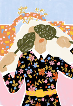Illustration of woman covering her eyes with leaves