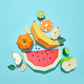 Paper handcraft collection of different fruits of orange, waterm