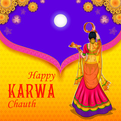 illustration of Indian woman performing Hindu married festival Karwa Cahuth looking moon through shieve