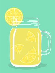 Fresh lemon tea drink with lemon pieces in glass vintage mason jar. Healthy natural delicious refreshing citrus fruit hot beverage. Vector illustration.