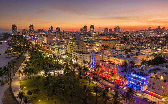 Cityscape at sunset of South Beach in Miami, USA