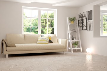 Fototapeta premium Stylish room in white color with sofa and summer landscape in window. Scandinavian interior design. 3D illustration