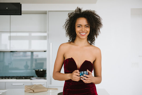 Happy woman in stylish dress