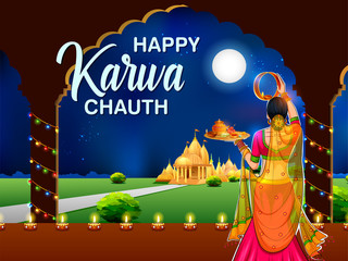 illustration of Indian woman performing Hindu married festival Karwa Cahuth looking moon through shieve
