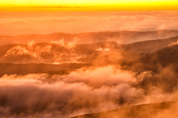Splendis sunrise in the mountains. Bieszczady Mountains. Poland