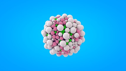 3D rendering of many balls, small spheres around a large ball. Abstract design, futuristic molecule background, round objects, on blue background. The image for screen saver on your desktop