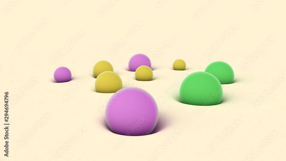 Poster 3d rendering of colored balls of different sizes on beige surface. the balls are immersed in a soft 