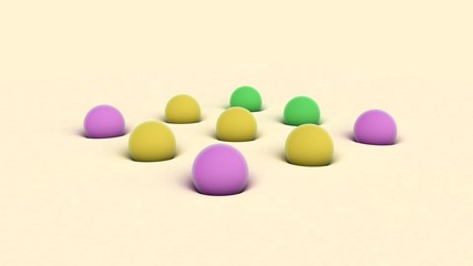 3D rendering of colored balls of different sizes on beige surface. The balls are immersed in a soft surface. Abstract background, futuristic design, desktop image, abstract compositions.
