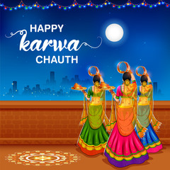 illustration of Indian woman performing Hindu married festival Karwa Cahuth looking moon through shieve