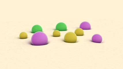 3D rendering of colored balls of different sizes on beige surface. The balls are immersed in a soft surface. Abstract background, futuristic design, desktop image, abstract compositions.
