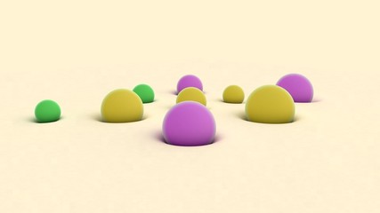 3D rendering of colored balls of different sizes on beige surface. The balls are immersed in a soft surface. Abstract background, futuristic design, desktop image, abstract compositions.