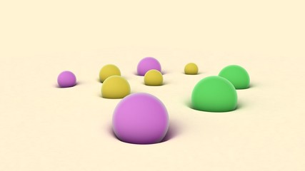 3D rendering of colored balls of different sizes on beige surface. The balls are immersed in a soft surface. Abstract background, futuristic design, desktop image, abstract compositions.
