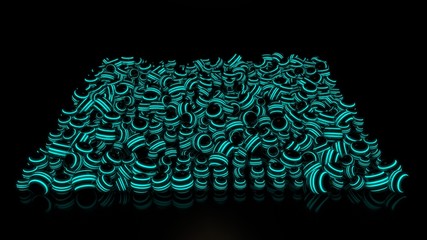 3D rendering of a set of glowing balls with blue fluorescent stripes on a black background and a black reflective surface. Mysterious design of futuristic objects. The background image for the desktop