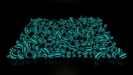 3D rendering of a set of glowing balls with blue fluorescent stripes on a black background and a black reflective surface. Mysterious design of futuristic objects. The background image for the desktop
