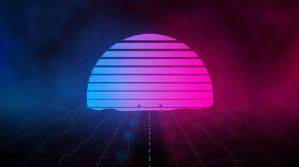 Retrowave laser grid landscape, sunset with outrun road and polygonal palms in blue pink colors with glowings and fog. Eps 10