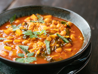 Tomato, Chickpea Soup with Malabar Spinach