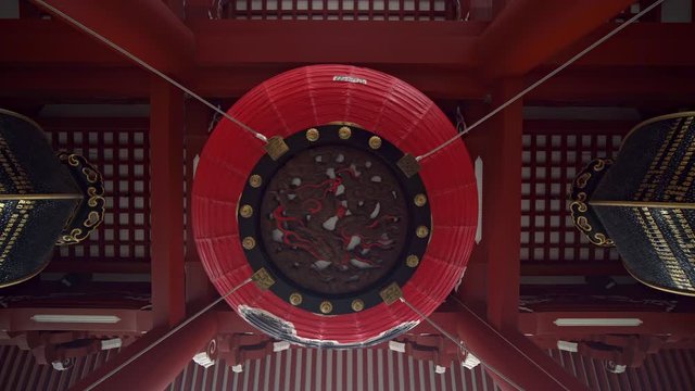 Buttom up view of giant red lantern in the Kaminarimon gate located in the entrance of Sensoji temple