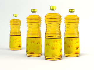 Bottles of sunflower oil on a white background