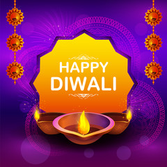 illustration of burning diya on happy Diwali Holiday background for light festival of India