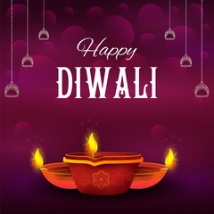 illustration of burning diya on happy Diwali Holiday background for light festival of India