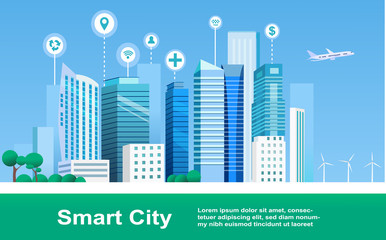 Urban landscape with infographic elements. Social Media Communication Internet Network Connection City Skyscraper View Cityscape Background Vector Illustration - Vector