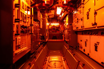 Interior of combat submarine compartment with devices of control