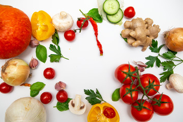 Autumn vegetables on white background. Vegetable background.