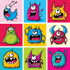 Set of funny cartoon furry monsters
