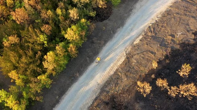 Aerial view of man in yellow raincoat is riding along rural road and scorched earth in autumn forest at sunset. Drone video of contryside landscape and bicyclerg
