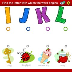 A set of illustrations for children where you need to combine the letter I, J, K and L with the beginning of the words in the pictures with the image of the key, ladybug, ice cream and jam. Entertainm