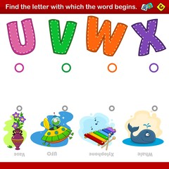 A set of illustrations for children where you need to combine the letter U, V, W and X with the beginning of the words in the pictures with a picture of a vase with flowers, a UFO, a xylophone and a w