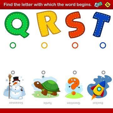 A set of illustrations for children where you need to combine the letter Q, R, S and T with the beginning of the words in the pictures with the image of a snowman, turtle, question and rocket. Enterta