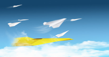 Naklejka na ściany i meble Papierflugzeuge in der luft in Vordergrund eine gelbe