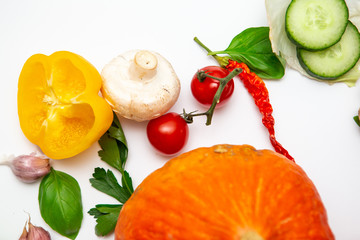 Autumn vegetables on white background. Vegetable background.