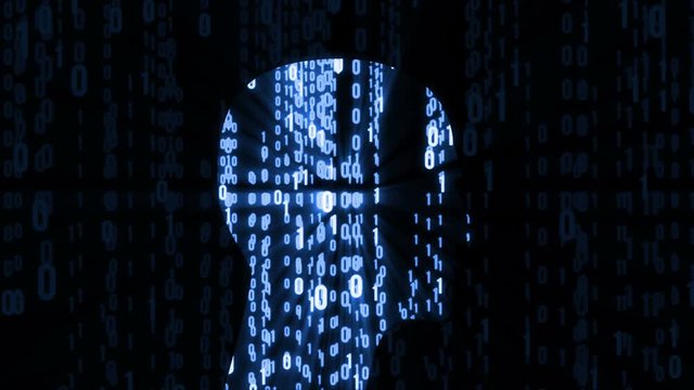 Machine learning. Artificial Intelligence. Abstract Matrix Background. Binary Computer Code with a person head consisting of bits and code programs. Available in 4K FullHD and HD video render footage.