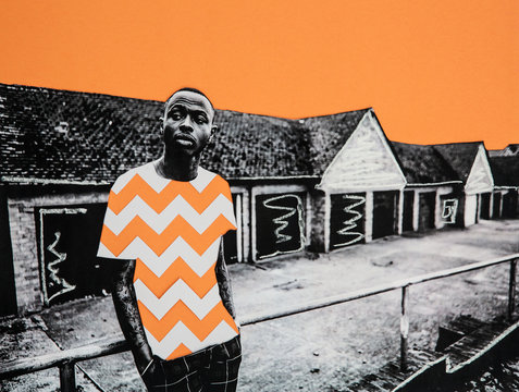 Collage of a man in front of garages with chevron blocking
