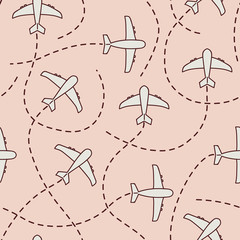Vector seamless travel pattern in pink. Simple doodle flying aircraft made into repeat. Great for background, wallpaper, wrapping paper, packaging, travel theme, fashion.