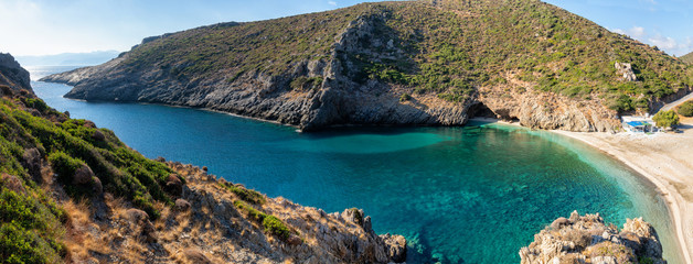  Panorama of the cleanest beach with blue water in the Aegean Sea, Evia island, Greece