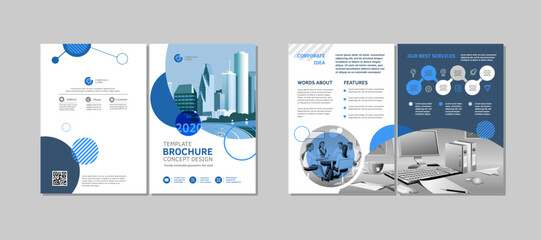Bi-fold brochure creative design. Multipurpose template with cover, back and inside pages. Trendy minimalist flat geometric design. Vertical a4 format.