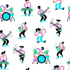 Vector flat seamless pattern with doodle musicians. Endless print with hand drawn  music band plays their instruments. Bright color trendy design for print, postcard, music festivals, musical groups
