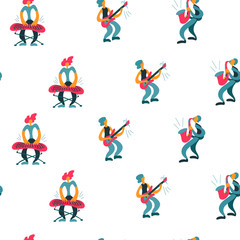 Vector flat seamless pattern with doodle musicians. Endless print with hand drawn  music band plays their instruments. Bright color trendy design for print, textile, music festivals, musical groups