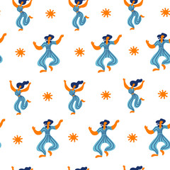 Vector seamless pattern with doodledancing woman and men. Bright color trendy design for print, textile, postcard, advertising, music festivals